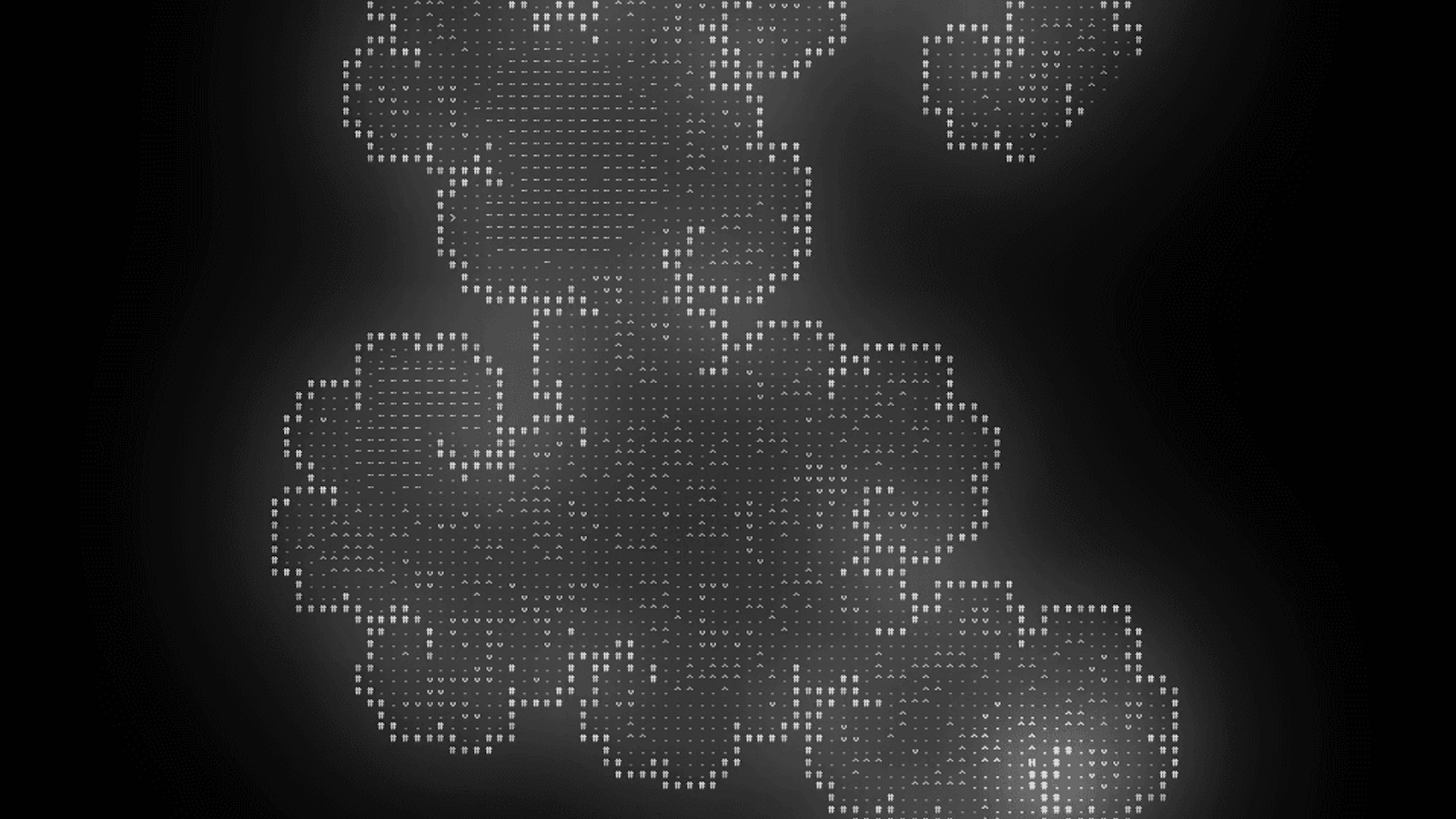 A Caves frame: glowing clusters of white dots drifting across a black field